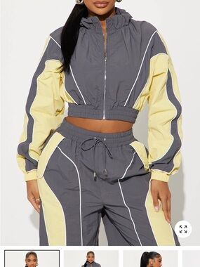 Fashion Nova Two-Tone Cropped Track Jacket & Joggers - Gray & Pale Yellow